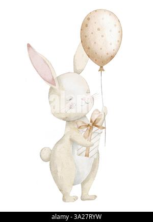 Illustration aquarelle d'un lapin joyeux tenant un ballon et un cadeau pour des cartes de voeux d'anniversaire enfantin ou des invitations de douche de bébé. Dessin de lapin pour décor de fête d'enfants dans des couleurs beige pastel. Banque D'Images