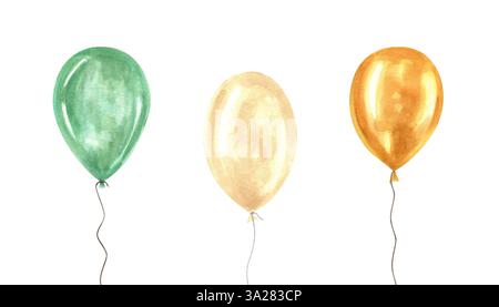 Aquarelle verte, orange, ballons d'hélium blanc sur l'illustration de jeu de cordes isolé fond. Bouquet coloré de ballon pour anniversaire et décor de fête. Banque D'Images