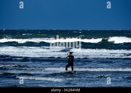 Dunbar, Royaume-Uni. 12 mars 2025. Un Kite surfer dans la baie de Belhaven près de Dunbar à l'extérieur d'Édimbourg, profite des vents violents du mercredi 12 mars 2025. Crédit image météo Royaume-Uni : Rob Gray/Alamy Live News Banque D'Images