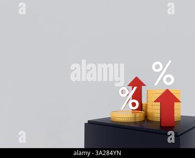 Piles de pièces d'or avec des symboles de pourcentage et des flèches rouges pointant vers le haut, symbolisant la hausse des taux d'intérêt, la croissance économique et les investisseurs financiers Banque D'Images
