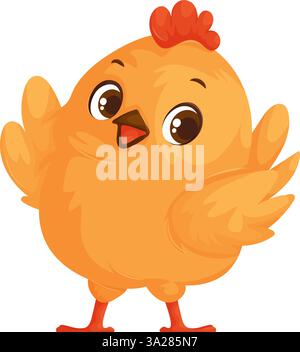 Mignon petit poussin de dessin animé avec un corps rond, de grands yeux et des ailes ouvertes, exprimant la joie. Parfait pour les créations d'enfants et le contenu sur le thème de la ferme. Joyeux Cartoon Illustration de Vecteur