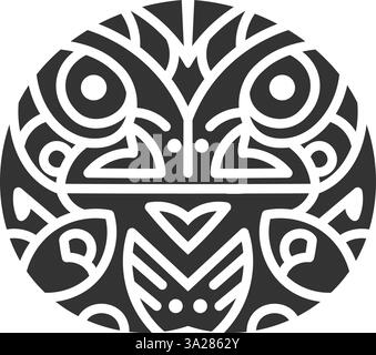 Illustration complexe de grenouille tribale en noir et blanc avec un motif géométrique circulaire, avec des lignes audacieuses et symbole symétrique de grenouille tribale dans Circu Illustration de Vecteur
