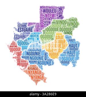Nuage de mots de la région Gabon. Forme campagnarde. Gabon illustration colorée. Nuage de collage de noms de région. Illustration vectorielle. Illustration de Vecteur