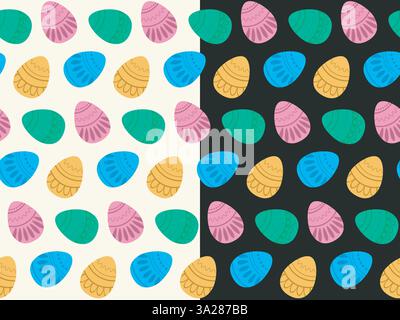Motif sans couture de vacances de Pâques, lot de 2. Doodle dessiné à la main joli symbole d'oeuf décoratif, silhouette de tons pastel printaniers, graphique multicolore Illustration de Vecteur