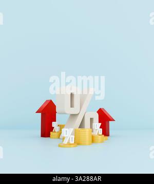 Piles de pièces d'or avec des symboles de pourcentage et des flèches rouges pointant vers le haut, symbolisant la hausse des taux d'intérêt, la croissance économique et les investisseurs financiers Banque D'Images