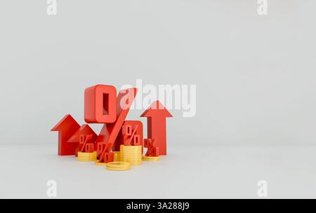 Piles de pièces d'or avec des symboles de pourcentage et des flèches rouges pointant vers le haut, symbolisant la hausse des taux d'intérêt, la croissance économique et les investisseurs financiers Banque D'Images