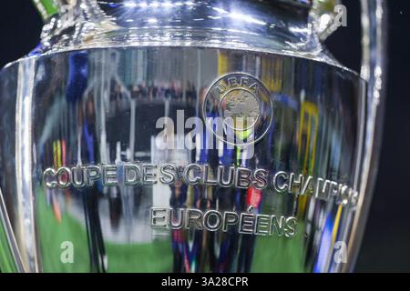 Milan, Italien. 11 mars 2025. Détail du trophée de l'UEFA Champions League lors de la 16e manche de l'UEFA Champions League 2024/25 - match de 2e manche entre le FC Internazionale et le Feyenoord Rotterdam au San Siro Stadium crédit : dpa/Alamy Live News Banque D'Images
