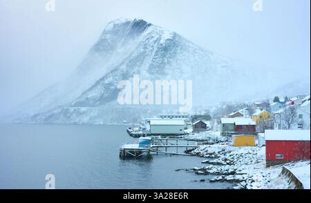 Village enneigé de Fjordgard et les montagnes enneigées escarpées de l'Oeyfjord sur l'île de Senja dans le nord de la Norvège Banque D'Images