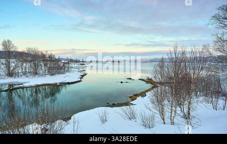 Paysage hivernal côtier moody près de Gibostad sur l'île Senja dans le nord de la Norvège Banque D'Images