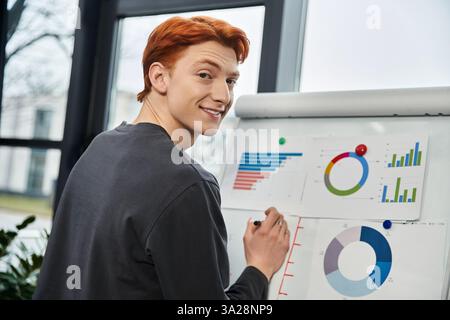Red Hair Man présente activement des visuels de données sur un tableau blanc dans un espace de bureau lumineux. Banque D'Images