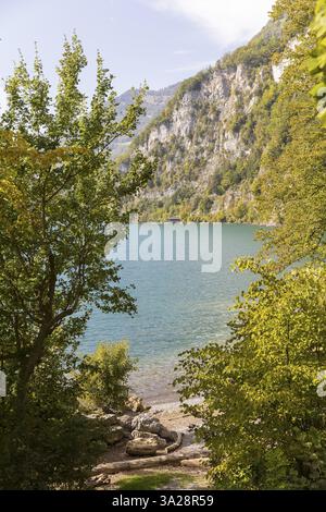 Vue du lac Walen avec des parois rocheuses abruptes sur la rive nord depuis la zone de baignade Betlis, Weesen, Gall, Suisse, Europe Banque D'Images