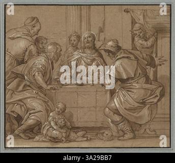 Christus in Emmaus, attribué à un disciple de Paolo Veronese, représente le moment de l'apparition du Christ à deux disciples après sa résurrection. La scène capture leur étonnement et la révélation divine avec des figures dynamiques et des couleurs vibrantes. Banque D'Images