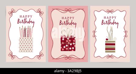 Cartes de voeux d'anniversaire avec gâteau pailleté et cadeau. Illustration vectorielle dessinée à la main Illustration de Vecteur