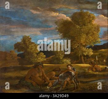 Cette peinture de Nicolas Poussin datant des environs de 1626 montre un paysage mythologique de Vénus et d'Adonis, mettant en scène le Dieu fluvial. La peinture souligne le récit romantique entre Vénus et Adonis dans un paysage classique serein. Banque D'Images