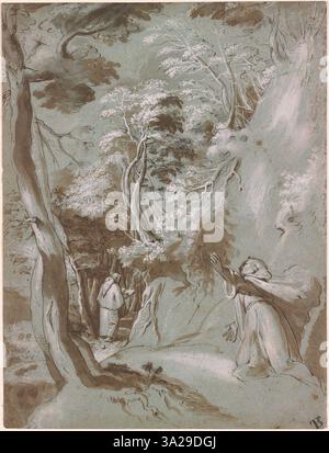 Cette post-étude de Federico Barocci représente en fait Francis recevant les stigmates, un moment d’intense expérience spirituelle. La composition représente la posture révérencieuse du saint, en mettant l’accent sur la lumière divine qui l’entoure. L'utilisation de la lumière et de la couleur par Barocci capture la nature sacrée et miraculeuse de la scène. Banque D'Images