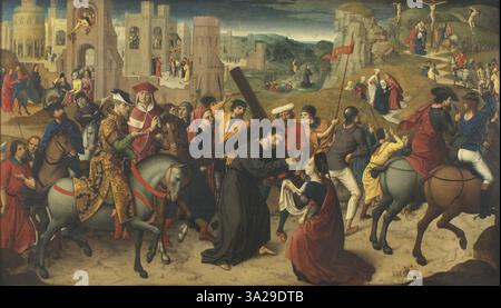 Cette œuvre représente des moments clés de la passion du Christ : le Christ portant la croix, son entrée à Jérusalem, et d'autres événements importants comme la Cène. La représentation vivante de ces scènes sacrées est caractéristique de la fin du XVe siècle. Banque D'Images
