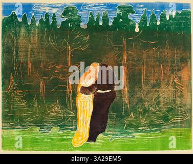 Dans 'vers la forêt II', Edvard Munch dépeint une figure solitaire dans un paysage aride, se dirigeant vers une forêt inquiétante. La peinture transmet un fort sentiment de solitude et d’isolement émotionnel, un thème récurrent dans l’œuvre de Munch. Banque D'Images