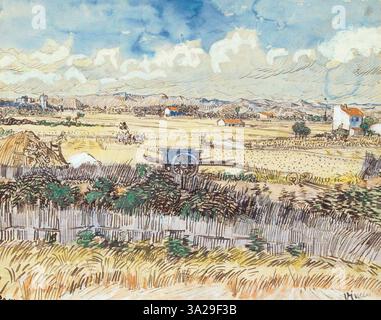 Ce dessin de 1888, intitulé « la Moisson en Provence », représente une scène de récolte rurale en Provence, mettant en valeur l’intérêt de Van Gogh pour la vie agricole et les paysages vibrants. Banque D'Images