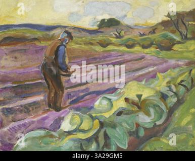 « Le semeur » d’Edvard Munch, peint en 1913, représente une figure solitaire semant des graines. La peinture est un reflet de l’exploration de Munch de la solitude et du travail dans la vie moderne. Banque D'Images