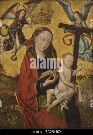 Ce tableau du XVIe siècle, attribué à un disciple de Rogier van der Weyden, montre la Vierge Marie tenant la croix avec l'enfant Christ. La représentation fusionne l'affection maternelle avec le symbolisme du sacrifice futur du Christ. Banque D'Images