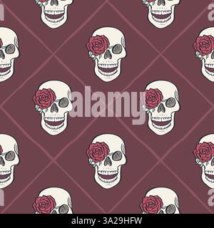 Modèle sans couture avec crânes humains dessinés à la main et fleurs de rose à l'intérieur du treillis Illustration de Vecteur