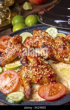 Couscous épicé avec ailes de poulet frites Banque D'Images