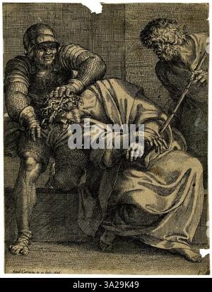 La représentation du Christ couronné d’épines par Annibale Carracci capture un moment profond de l’histoire chrétienne, dépeignant l’angoisse du Christ avant sa crucifixion. L’utilisation de la lumière et de l’ombre par Carracci souligne l’émotion brutale de la scène. Banque D'Images