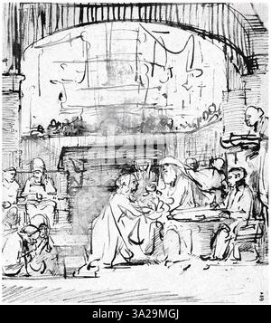 Ce dessin de Rembrandt capture la scène biblique de la présentation au Temple, où Marie et Joseph présentent l’enfant Jésus au prêtre Siméon. Les personnages sont représentés avec des expressions sereines, soulignant la solennité du moment. La maîtrise de Rembrandt dans la manipulation de la lumière et de l’ombre confère une aura spirituelle à la scène. Banque D'Images