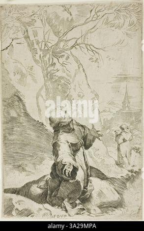 Cette œuvre de Barocci représente un nouveau François recevant les stigmates, un moment religieux clé. Le rendu détaillé et l’utilisation de la lumière soulignent l’expérience spirituelle du saint et la manifestation physique de sa dévotion. Banque D'Images