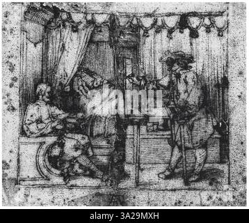 Cette œuvre est une copie de la gravure sur bois de Dürer en 1532, montrant un artiste dessinant un modèle assis. Il capture l’acte intime du portrait, mettant l’accent sur le métier de l’artiste et la relation entre le sujet et le créateur. Banque D'Images