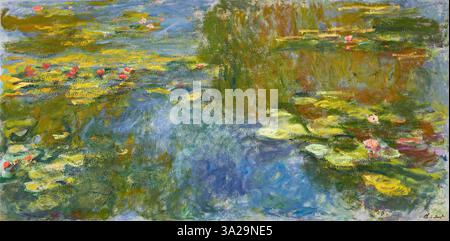 Le bassin aux nymphéas de Claude Monet, peint entre 1917 et 1919, capture la beauté sereine de l'étang des nénuphars dans son jardin de Giverny. L'huile sur toile illustre le style emblématique de Monet en matière d'interaction de la lumière et des couleurs dans la nature. Banque D'Images