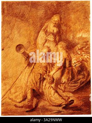 Reproduction représentant la scène biblique de Lot et de ses filles. La gravure capture le poids émotionnel du moment, avec des expressions détaillées et une composition dynamique. Banque D'Images