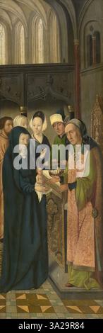 'La présentation dans le Temple' par le Maître de Hoogstraeten capture le moment où Marie et Joseph présentent l'enfant Jésus au temple. Cet événement biblique est représenté avec un accent sur le rituel sacré et l'accomplissement divin de la prophétie. Banque D'Images