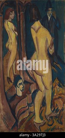 'Rückenakt mit Spiegel und Mann' d'Ernst Ludwig Kirchner (1912) représente une figure masculine vue de derrière, debout devant un miroir. L’œuvre se caractérise par des lignes fortes et des couleurs vives, capturant la tension émotionnelle et la profondeur psychologique typiques du style expressionniste de Kirchner. Banque D'Images