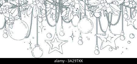 Boules de Noël et étoiles suspendues sur des perles, des neiges avec des étoiles scintillantes. Noël, nouvel an, hiver Line art illustration dessinée à la main en noir et Illustration de Vecteur