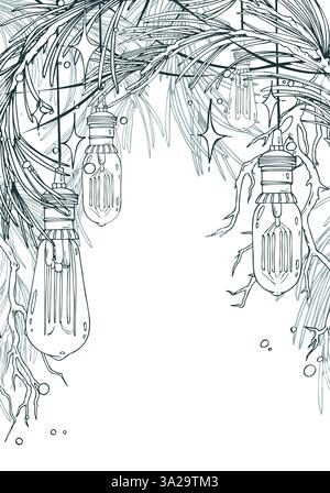 Ampoules Edison rétro suspendues avec des branches de pin avec des étoiles et des lumières. Illustration dessinée à la main au trait à l'encre noire et blanche. Gabarit, cadre Illustration de Vecteur