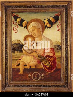 Cette peinture, attribuée à un disciple d'Andrea Mantegna, représente la Vierge et l'enfant dans une composition classique, mettant en valeur le rendu détaillé des figures par l'artiste et l'utilisation de la perspective typique de la période de la Renaissance. Banque D'Images