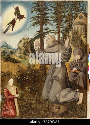 Cette œuvre, attribuée à Lucas Cranach l'ancien, représente Saint François d'assise recevant les stigmates. La scène dépeint l'expérience divine du saint, soulignant la nature religieuse et miraculeuse de l'événement. Banque D'Images