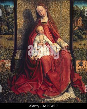 Cette pièce présente la Vierge et l'enfant dans un jardin luxuriant, un motif commun dans l'art religieux de la fin du XVe siècle. L'environnement serein et l'éclairage doux renforcent la représentation sacrée de la Vierge et du Christ. Banque D'Images
