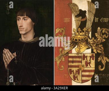 Le diptyque de Philippe de Croy de Rogier van der Weyden représente le patron en deux panneaux, avec des portraits détaillés du donateur et des scènes religieuses qui soulignent la maîtrise de la peinture à l'huile par l'artiste. Banque D'Images