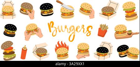 Ensemble hamburger. Burger de bœuf, hamburger, hamburger végétarien, cheeseburger. Restauration rapide américaine traditionnelle. En-cas à emporter. Illustration vectorielle. Illustration de Vecteur