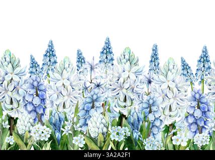 Illustration aquarelle de délicats oublie-me-nots bleus et jacinthes. Élégante bordure sans couture des premières fleurs de printemps pour le décor de vacances, les cartes et les impressions Banque D'Images