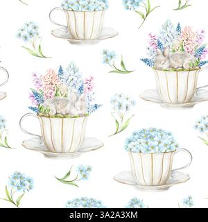 Un joli lapin endormi dans une tasse en porcelaine blanche avec jacinthes, mimosa et œufs de caille sur un fond blanc. L'illustration est dessinée à la main à l'aquarelle. Idéal pour les textiles, l'emballage et le design Banque D'Images