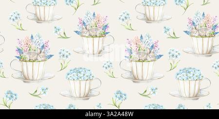 Un joli lapin endormi dans une tasse en porcelaine blanche avec jacinthes, mimosa et œufs de caille sur un fond blanc. L'illustration est dessinée à la main à l'aquarelle. Idéal pour les textiles, l'emballage et le design Banque D'Images