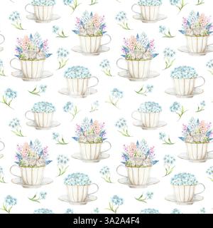 Un joli lapin endormi dans une tasse en porcelaine blanche avec jacinthes, mimosa et œufs de caille sur un fond blanc. L'illustration est dessinée à la main à l'aquarelle. Idéal pour les textiles, l'emballage et le design Banque D'Images