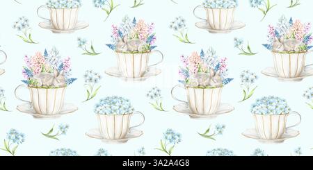 Un joli lapin endormi dans une tasse en porcelaine blanche avec jacinthes, mimosa et œufs de caille sur un fond blanc. L'illustration est dessinée à la main à l'aquarelle. Idéal pour les textiles, l'emballage et le design Banque D'Images