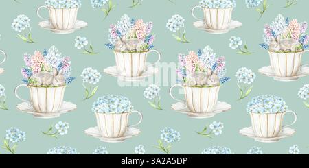 Un joli lapin endormi dans une tasse en porcelaine blanche avec jacinthes, mimosa et œufs de caille sur un fond blanc. L'illustration est dessinée à la main à l'aquarelle. Idéal pour les textiles, l'emballage et le design Banque D'Images