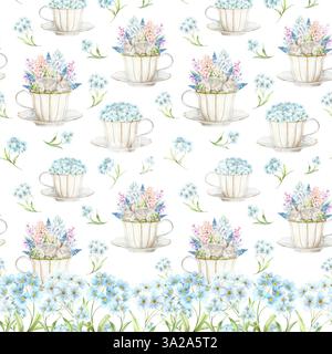 Un joli lapin endormi dans une tasse en porcelaine blanche avec jacinthes, mimosa et œufs de caille sur un fond blanc. L'illustration est dessinée à la main à l'aquarelle. Idéal pour les textiles, l'emballage et le design. Banque D'Images