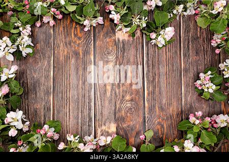 Arrangement de fleurs de printemps, nature morte avec des branches de pommier en fleurs sur fond en bois avec espace pour le texte. Carte de vacances et voeux de printemps, SC Banque D'Images