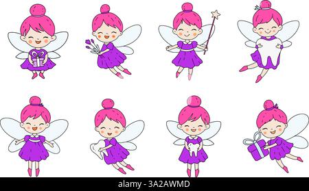 Jeu de clipart de fée de dent joueuse mettant en vedette Une fée de bébé dans Une robe violette avec des cheveux roses dans illustration vectorielle dessinée à la main Illustration de Vecteur